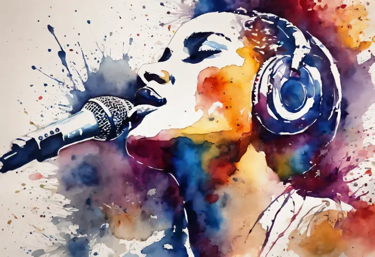 silhouette of a singer with a microphone closeup painting with a splatter background and spray paint effect, by Eugeniusz Zak, watercolor art, by Károly Lotz, watercolor painting, watercolor painting style, watercolor detailed art, by Reuben Tam, watercolo...