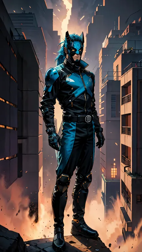 A man with blue hair tied in a ponytail, his face concealed by a falcon concept mask, full mask, stands tall and imposing, a futuristic sci-fi style short jacket, a dark bodysuit, matching trousers, a belt cinched at the waist, colorful gloves, he stands a...