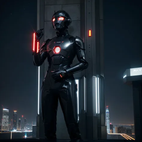 
Describe a stylish futuristic robot, with a shiny and reflective technological red helmet. Its polished metallic armor reflects the city lights below. He is wearing a black jacket with futuristic details and luminous details.

The robot is standing on top...