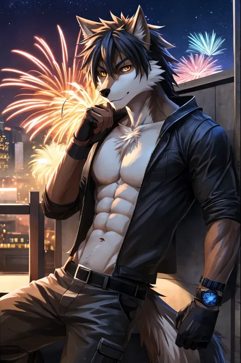 furry, male, anthro, (Wolf Tail), solo, (Realistic eye details:1.2), (beautiful detailed eyes), anime character there is a wolf male, alone, cool pose, moderate intensity body, golden eyes, combat black shirt, combat gloves, Hair coiled, combat pants, Hand...