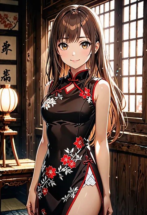 (perfect anatomy,highest quality、ウルトラ - High resolution、High resolution、Highly detailed CG、8k unit wallpaper),cowboy shot,portrait,1 female,alone,20 year old beauty,Japanese,((detailed and beautiful eyes)),brown eyes,smile,,brown hair,long hair,bangs,((sho...