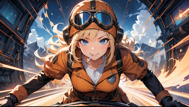 (highest quality, 4k, 8K, High resolution, masterpiece:1.2), Super detailed, one person, woman, steampunk design, Aviator Cap, goggles, flight jacket, In the cockpit, face up shot, Eyes on the Instruments, Bouncing gauge needles, Meters on the entire cockp...