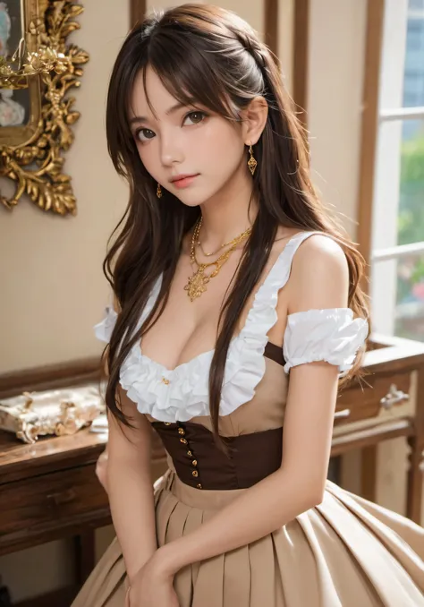 photograph, disorganized, High resolution, super detailed, maid girl,:d,((Hair with loose waves inside:1.2)),((gold necklace＿Large earrings:1.2)),((Super long brown hair:1.2))