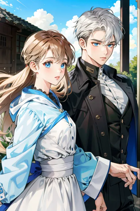 Couple, girl with brown hair and gray eyes, boy with white hair and blue eyes