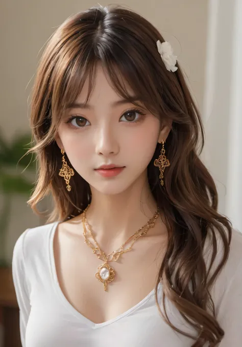 photograph, disorganized, High resolution, super detailed, maid girl,:d,((Hair with loose waves inside:1.2)),((gold necklace＿Large earrings:1.2)),((Super long brown hair:1.2))