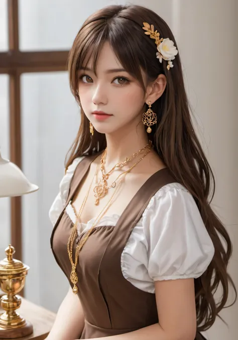 photograph, disorganized, High resolution, super detailed, maid girl,:d,((Hair with loose waves inside:1.2)),((gold necklace＿Large earrings:1.2)),((Super long brown hair:1.2))