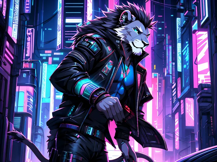 furry, male, anthro, (Lion Tail), solo, (Realistic eye details:1.2), (beautiful detailed eyes), anime character there is a Lion male,a close up of a person in a suit on a skateboard, cyberpunk, in cyberpunk style, cyberpunk art style, an anthropomorphic cy...