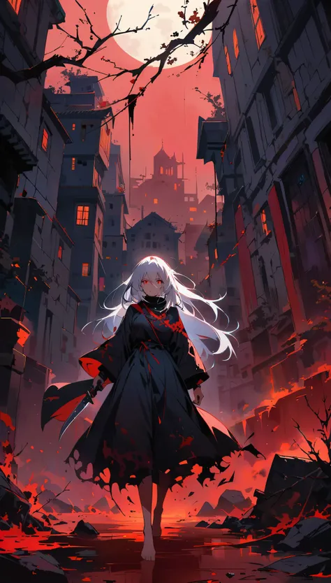 Terrible female warrior,Holding a fierce knife,Wearing a tattered black robe,long white hair,glowing red eyes,barefoot,Intimidating presence,((Blood splattered)),dark and mysterious,Twisted branches,The mist rolled in,Moonlight illuminates the scene,dark p...