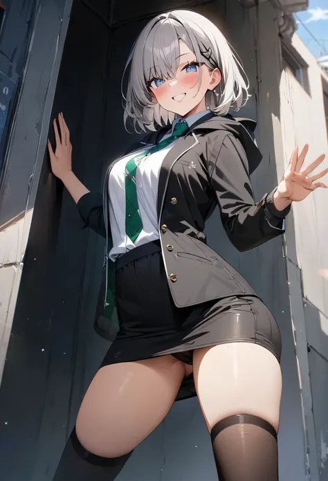 masterpiece, highest quality, high resolution, 1 girl, gray hair, short hair, blue eyes, medium breasts, OL, tie, black suit, pencil skirt, put your hands on your hips, outdoor,Idol Master，，anastasia，Knee-high boots，pantsスーツ,fighting pose, ((put your hand ...