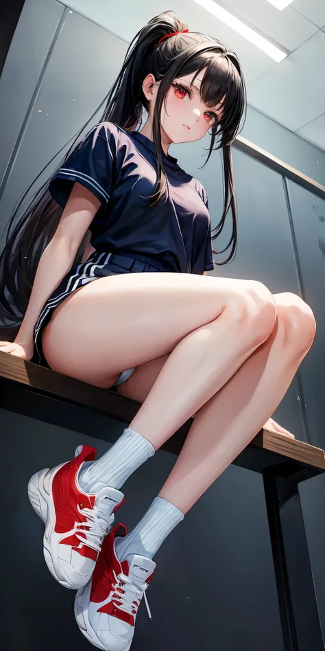 masterpiece:1.2, high quality, 最high quality, clear null, null, sports field, Gym suit, Navy blue school gym bloomers, white knee high socks, white high cut sneakers, hair band, bright, red eyes, long hair, black hair, Red color inner hair, ponytail, hair ...