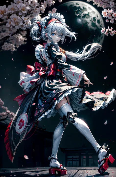 hyper quality、8K quality、High resolution、Image quality taken with a single-lens reflex camera、(SFW)、perfect anatomy、(桜🌸がテーマ）mecha girl、silver hair、20 year old beautiful girl.blue eyes、Three-dimensional and realistic black mechanical parts、BREAK(Mechanical ...