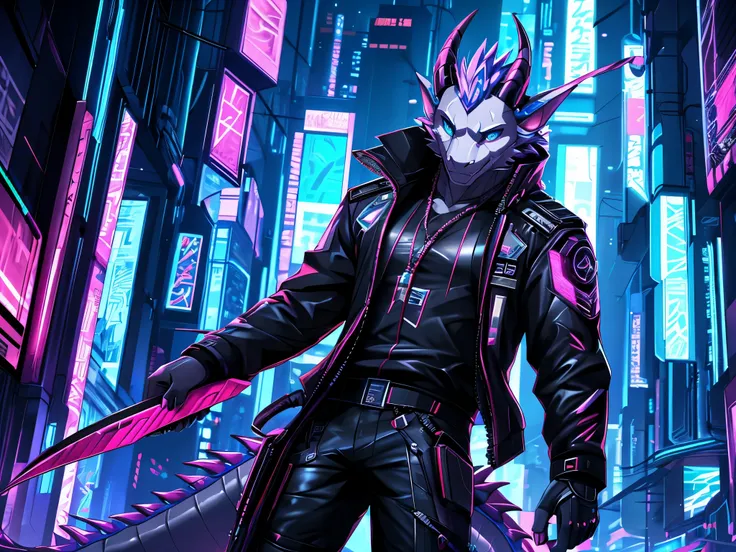 furry, male, anthro, (Dragon Tail), dragon horn, solo, (Realistic eye details:1.2), (beautiful detailed eyes), anime character there is a Dragon male,a close up of a person in a suit on a skateboard, cyberpunk, in cyberpunk style, cyberpunk art style, an a...