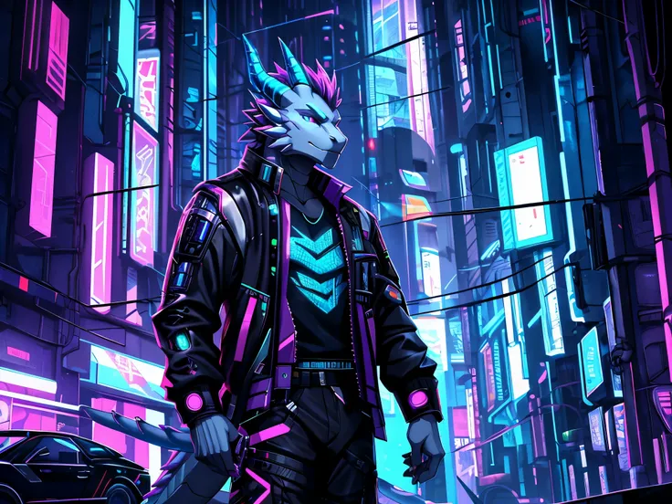 furry, male, anthro, (Dragon Tail), dragon horn, solo, (Realistic eye details:1.2), (beautiful detailed eyes), anime character there is a Dragon male,a close up of a person in a suit on a skateboard, cyberpunk, in cyberpunk style, cyberpunk art style, an a...