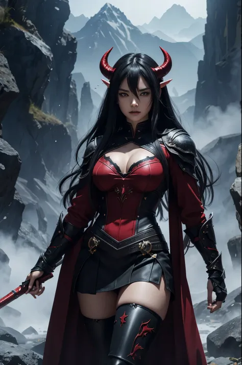 8K,Demon Slayer, the female demon,Super beautiful(like the real thing),Sexy black and red outfit,black tight skirt,devil&#39;s horns,red eyes,masterpiece,Photorealistic RAW photos of the highest quality。bright colors,rich colors, Backlight, cinematic light...