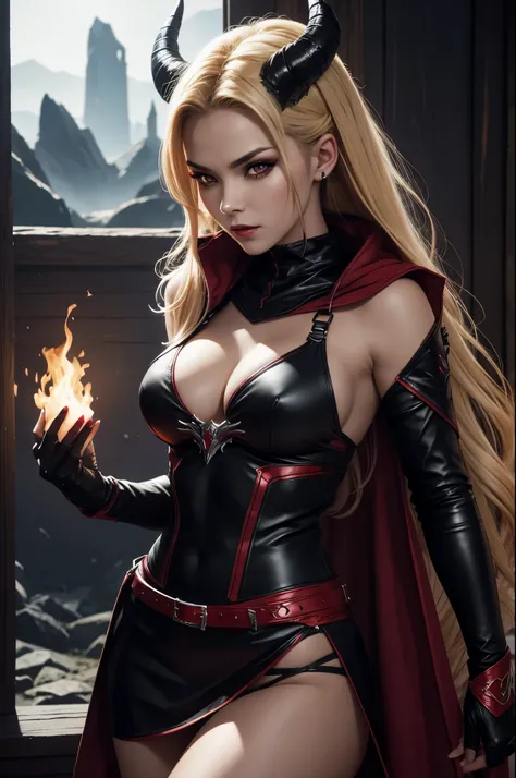 8K,Demon Slayer, the female demon,Super beautiful(like the real thing),Sexy black and red outfit,black tight skirt,devil&#39;s horns,red eyes,masterpiece,Photorealistic RAW photos of the highest quality。bright colors,rich colors, Backlight, cinematic light...