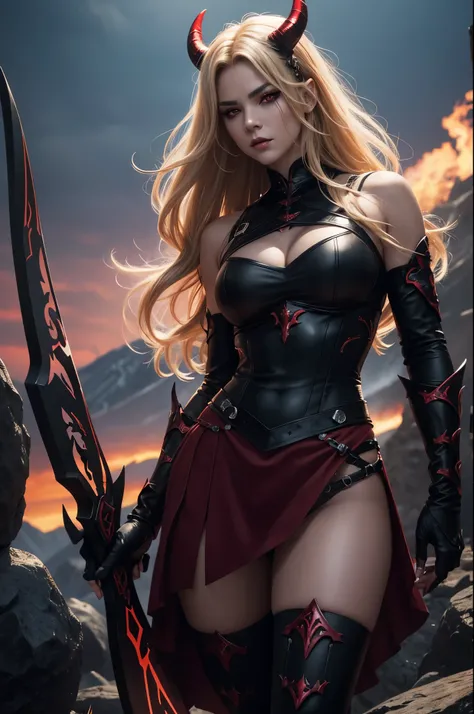 8K,Demon Slayer, the female demon,Super beautiful(like the real thing),Sexy black and red outfit,black tight skirt,devil&#39;s horns,red eyes,masterpiece,Photorealistic RAW photos of the highest quality。bright colors,rich colors, Backlight, cinematic light...