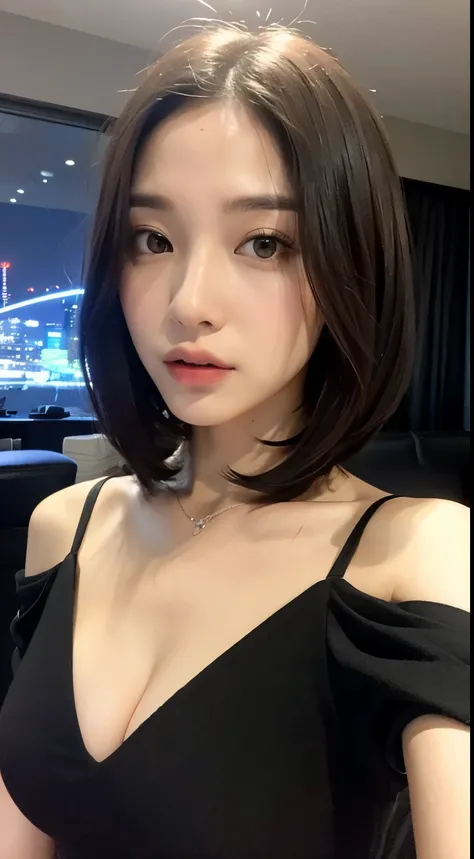 ((night view、realistic light、Top image quality、8K、​Masterpiece:1.3))、1 girl in、slim and beautiful figure:1.4、(brown hair、Medium chest:1.3)、off-the-shoulder cropped top:1.3、sofa、Very rich facial details、Detailed eyes、double eyelids、Arav woman wearing black ...