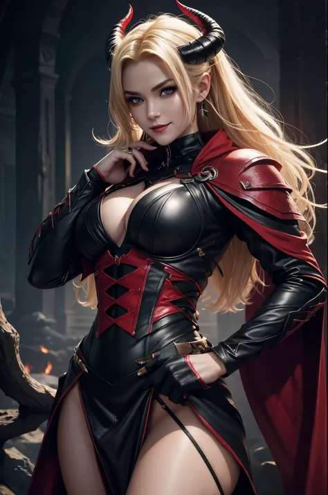 8K,Demon Slayer, the female demon,Super beautiful(like the real thing),Sexy black and red outfit,black tight skirt,devil&#39;s horns,red eyes,masterpiece,Photorealistic RAW photos of the highest quality。bright colors,rich colors, Backlight, cinematic light...