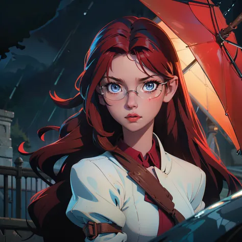 Masterpiece, best quality anime-style drawing, 16-year-old girl, deep red hair, dark blue eyes, at night, raining, holding an umbrella, extremely detailed.

The girls expression is captured with utmost precision, the raindrops on her umbrella glistening wi...