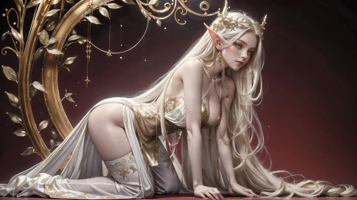 (masterpiece, best quality, ultra-detailed:1.2), 1girl, perfect curves, (g0ld3mb, gold:1.1), (glimmering galaxy dress:1.1), long straight white hair, laced hair, wrapped in white silk, (red background:1.2), elf ears,
Best Quality, High resolution, 1girl in...