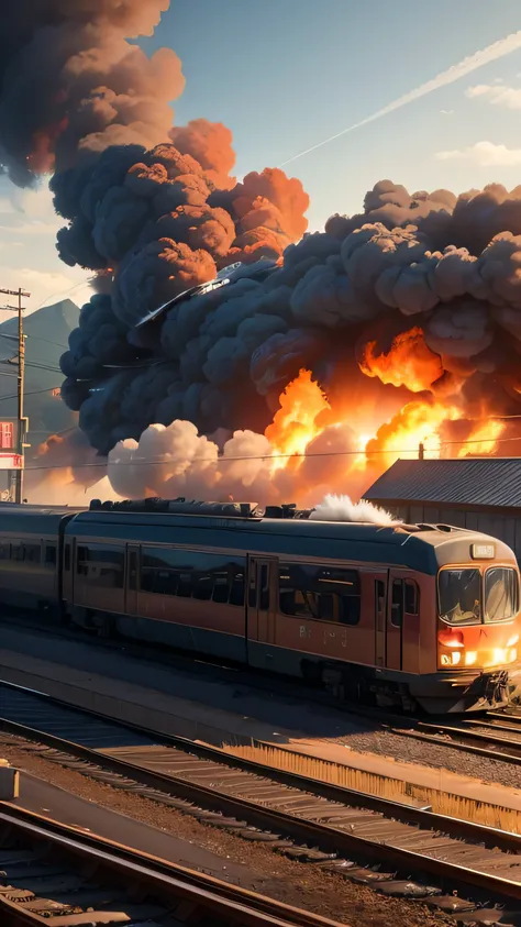 train crash, train station on fire, 8k, high quality 