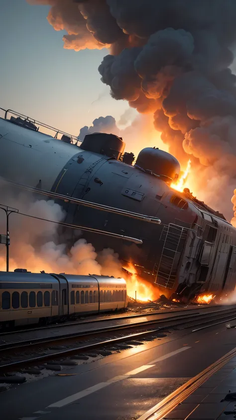 train crash, train station on fire, 8k, high quality 