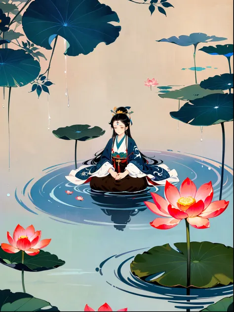 taoist sage meditating in a tranquil lotus pond，yin and yang symbols，i ching hexagrams，swirling mist，lotus，peaceful atmosphere，p...