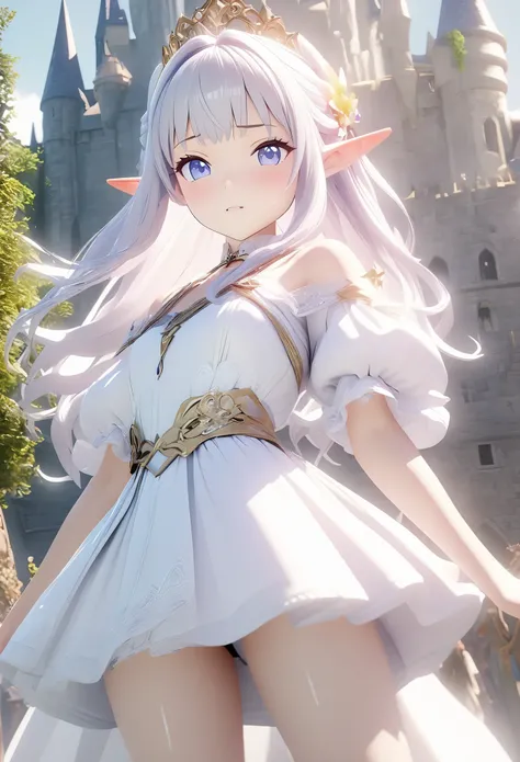 16 year old girl，close up镜头，3D rendering animation，medium shot，masterpiece，High quality, best quality，close up，a girl，Elf，Princess，castle，fantasy，novel，royal family，rich man，Noble，腿部close up，miniskirt