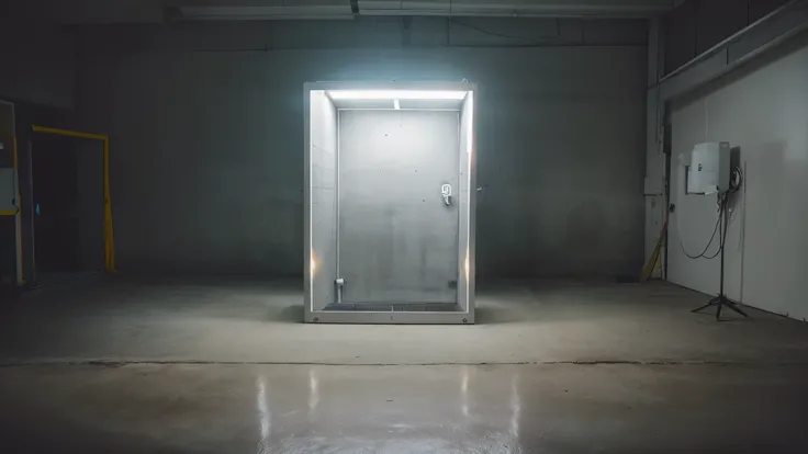 A white photo booth in a small, dimly lit, empty concrete room