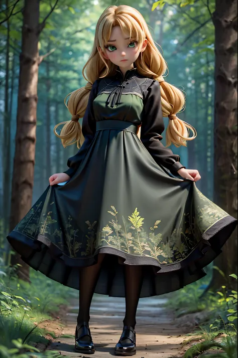 whole body、dress、pantyhose、black footwear、blonde hair、loose braids、beautiful face、green eyes、forest background、(masterpiece:1.2)...