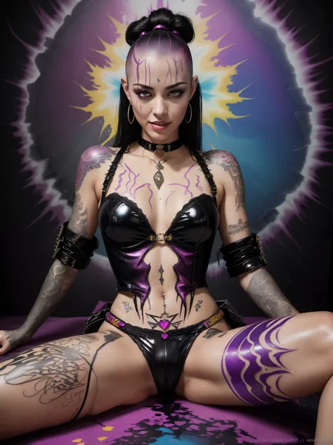 photo of a beautiful young woman, sexy, medium breasts, punk sorceress, black hair, one side of her head is shaved, (Brie Larsen:Amber Heard:0.5), (in the style of stanley lau), lingerie, hips, sensual, shiny skin, oily skin, tattoos, close up, face focus,...
