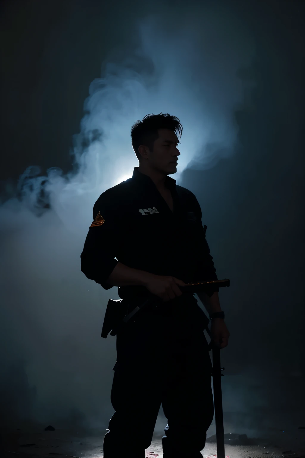 The background image is pure black，There was a very thick black-red smoke，A man wearing special forces uniform walked out of the smoke.（Positive figure）,In his left hand he holds a long sword，I can only see the silhouette but not the person，There is a sens...