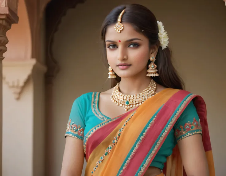 A 20-year-old Indian girl dressed in classic Indian attire exudes elegance and grace. She wears a vibrant and intricately embroidered saree, draped in the traditional style that complements her youthful charm. The rich fabric flows gracefully around her, a...
