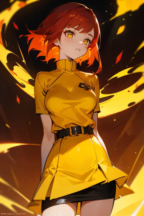 Girl, fire, short red hair, yellow eyes, yellow clothes, medium-sized breasts, short skirt,