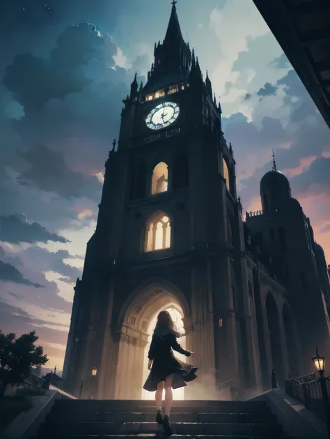 Girl looking up Scene 1: Twilight tower shadow The girl stands quietly against the sky, which is dyed an azure colour. Towering up in front of her is a huge structure called the Tower of Babel. Its form, which seems to pierce through the clouds, seems as i...