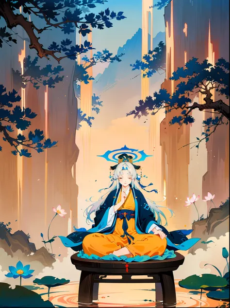 (close-up:1.8)，Ancient forest，White-haired Taoist，漂浮lotus石，Meditate cross-legged，Cyan robe，Gold moire，Ancient characters，Rotating halo，Golden Light Pillar from the Sky，Divine breath，forest creatures，quiet，Sandalwood scent，Mountain stream sound，In a mysteri...