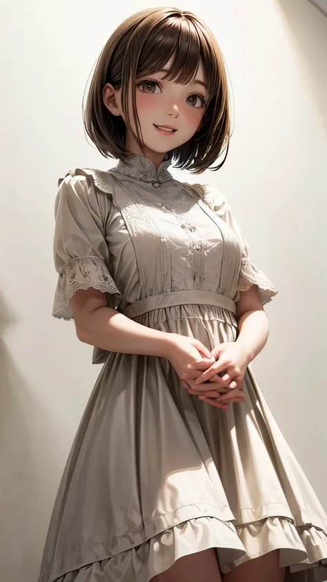 highest quality, masterpiece,  1 girl, smile,、from below、Botanical pattern dress、((Light brown short bob hair))、(((Pure white wall background)))、Teeth are visible、white dress