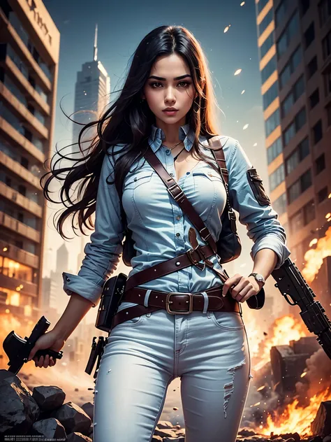 Arab movie poster, beautiful woman, medium dark long hair, white jeans, belt, rivets, holster, with big gun in hand, rivets, explosions, dubai, skyscrapers, just one body