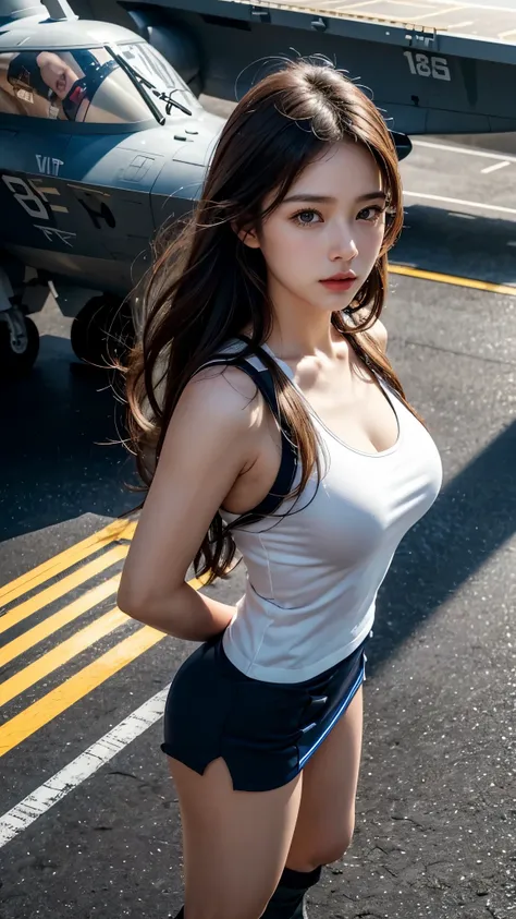 8k, highest quality, ultra detailed:1.37), eliana, ((18 years)), a beautiful asian girl, ((proudly stands in a aircraft carrier ...