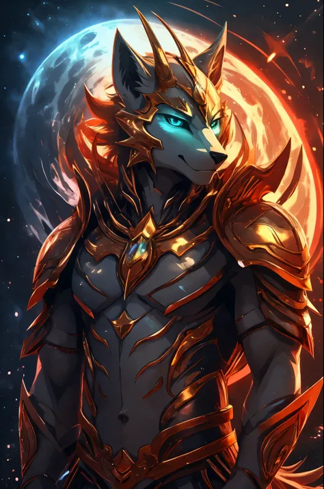 furry, male, anthro, (Wolf Tail), solo, (Realistic eye details:1.2), (beautiful detailed eyes), anime character there is a Wolf male a rainbow colored with rainbow teal armor, rainbow colored cosmic nebula background, stars, galaxies, perfect anatomy, real...