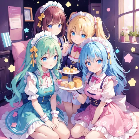 Masterpiece, (2 girls and 2 girls in colorful maid clothes, 2 girls and 2 girls), idol, big eyes, kawaiitech, kawaii, cute, pastel colors, best quality, happy, deep background, symmetry, tilted head,