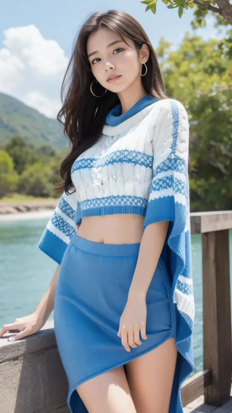 super detailed,bright colors,(8k:1.5),Masseter muscle part,very beautiful detailed face and eyes、summer morning、Ghibli,summer country road,25years old,beautiful breasts,midriff peek,Fullbody,(Poncho-style Sweater:1.3),Vibrant color saturation,