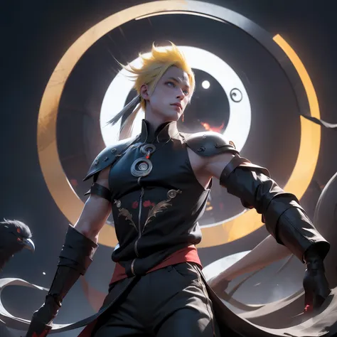 (26 years old), (male), (Yellow hair), (Blue eyes), red scarf, red vest, sleeveless, black pants, black gloves, slim, up to legs, ((Ying Yang Circle Through behind)), ((Game Of Punishing Gray Raven Theme)).