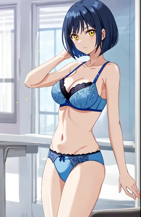 anime girl in a blue bra with a white lace trim and blue panty with a white bow、woman with short dark blue hair、woman with yellow eyes、bob cut、seductive anime woman、clothing:blue bra、blue panties、tall woman、cool atmosphere、anime moe art style、big breasts、w...