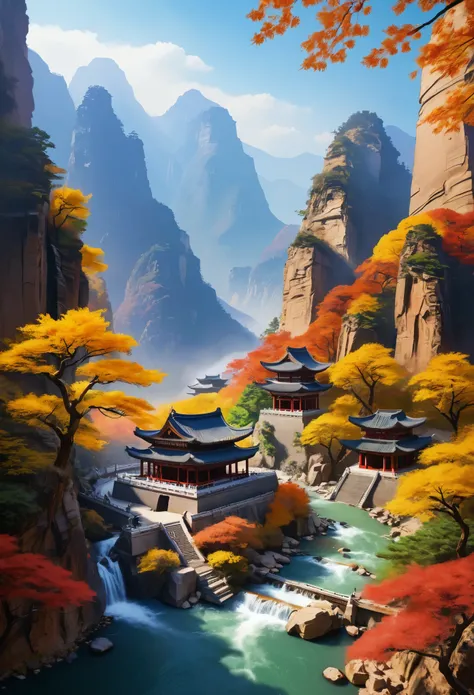 8K, best quality, (lifelike:1.4), original photo,canyon,Fall,Fall(1.5),丝绒般的Fall,There is a big mountain behind,photography,There is a temple in the middle of the mountain。
