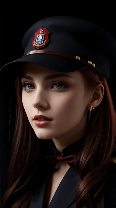 1 beautiful woman, 20 years old, long red hair (tied), pale white skin (very detailed), bright blue eyes (vampire eyes), perfect body, makeup, red lips, earrings, black and red military officer uniform, tie black, black and red military officer cap, detail...