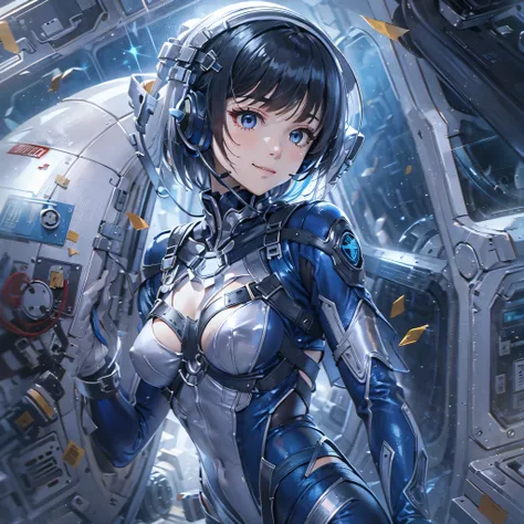 (masterpiece、highest quality、highest resolution、clear_image、detailed details、Angle from above): (full body figure、One 20 year old girl、Japanese faces、small face、Slender、Navy blue super short bob cut hair、(hidden small breasts:1.3)、sparkling blue eyes、Shiny...