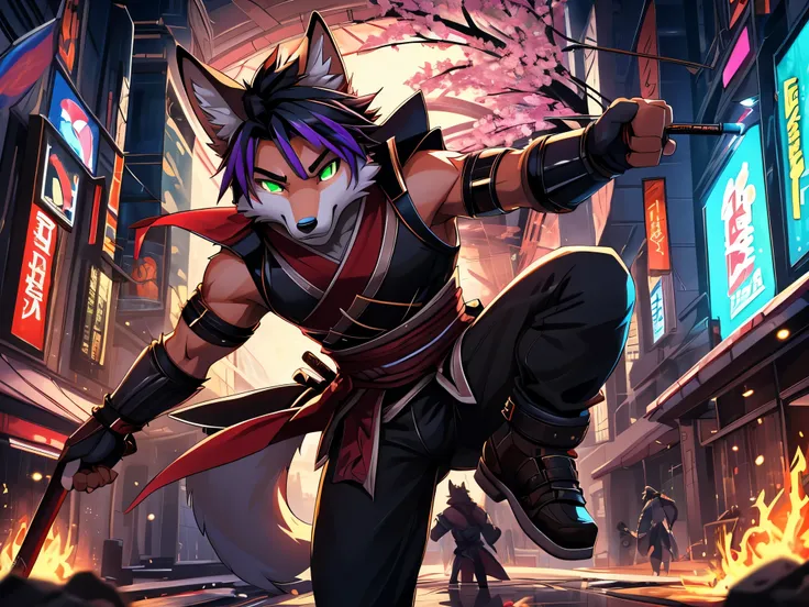 (best quality,4k,8k,highres,masterpiece:1.2),ultra-detailed,sexy furry fox boy with well toned abs,fox snout, fox ears,fox tail,fiery-orange fur,cyberpunk samurai,purple highlights in hair,black hair,punk hairstyle,action pose with katana,sharp focus,profe...