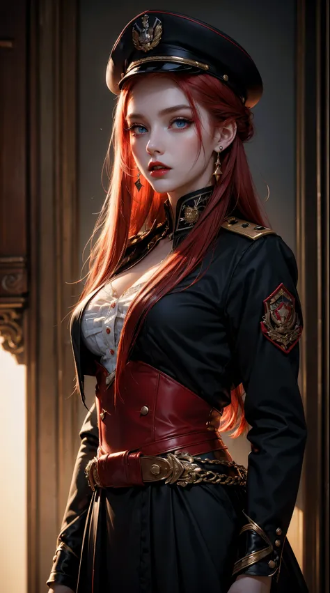 1 beautiful woman, 20 years old, long red hair (tied), pale white skin (very detailed), bright blue eyes (vampire eyes), perfect body, makeup, red lips, earrings, black and red military officer uniform, tie black, black and red military officer cap, detail...