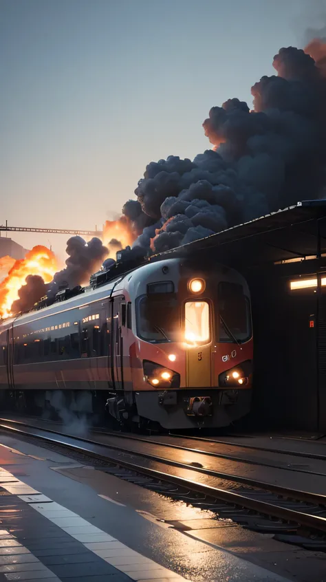 train crash, train station on fire, broken, 8k, high quality 